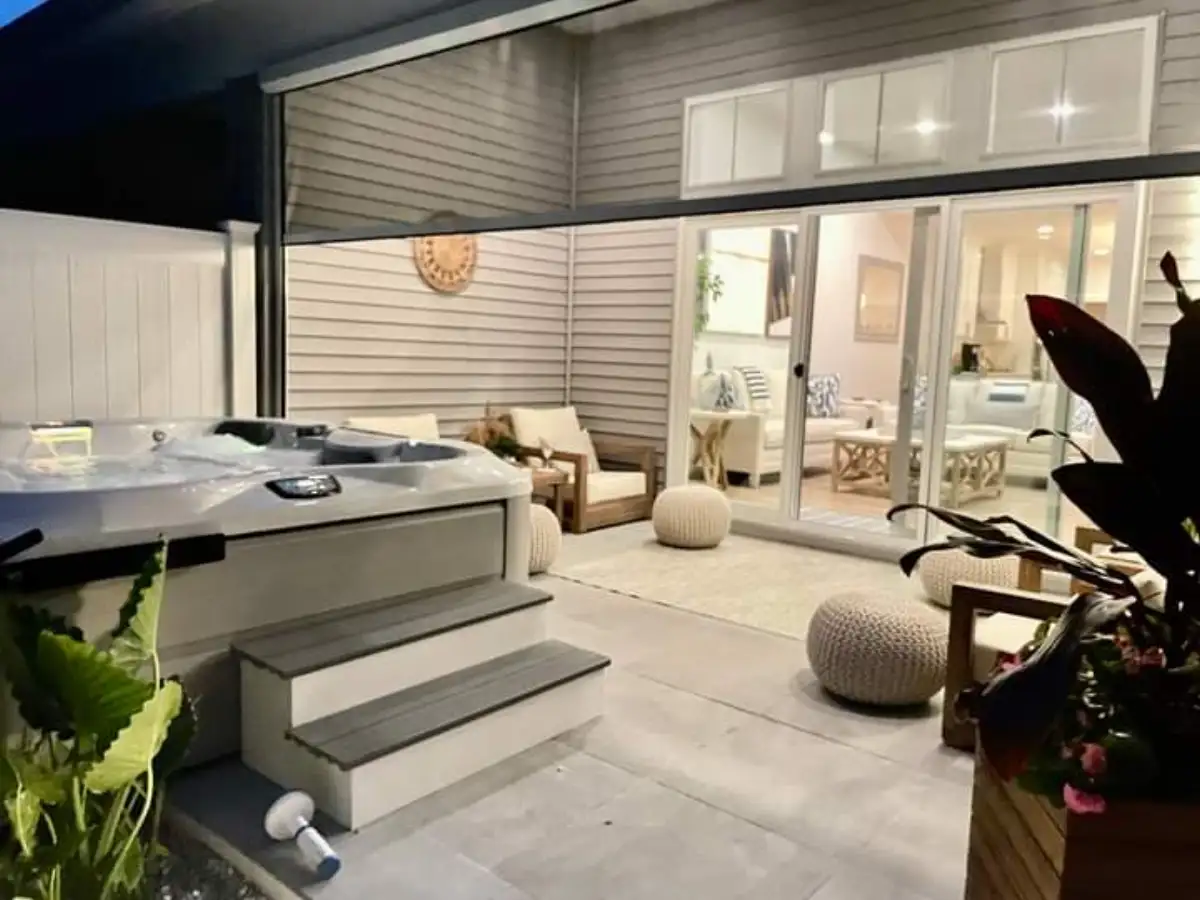 Stone fire feature with outdoor seating area